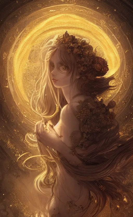 Prompt: desire and duality, masterpiece close to a candle in dark room, cinematic, powerful, moon beams dramatic light, highly, intricate gold elements, hollow souls, detailed, digital painting, artstation, concept art, sharp focus, illustration, art by kurozaki sakura, _Z eD_, dexiong gu