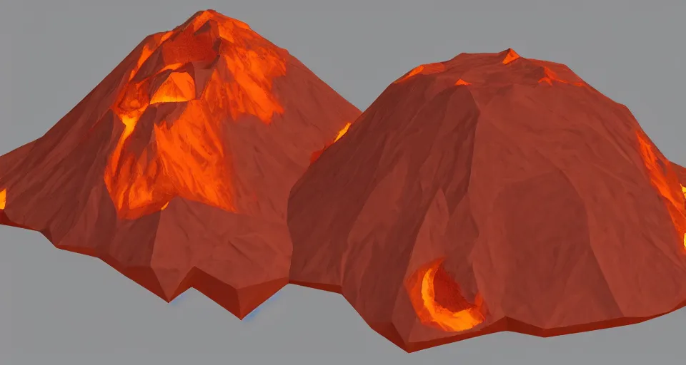 Image similar to low poly unity render of a volcano with glowing orange lava rolling down the side of it, low lighting