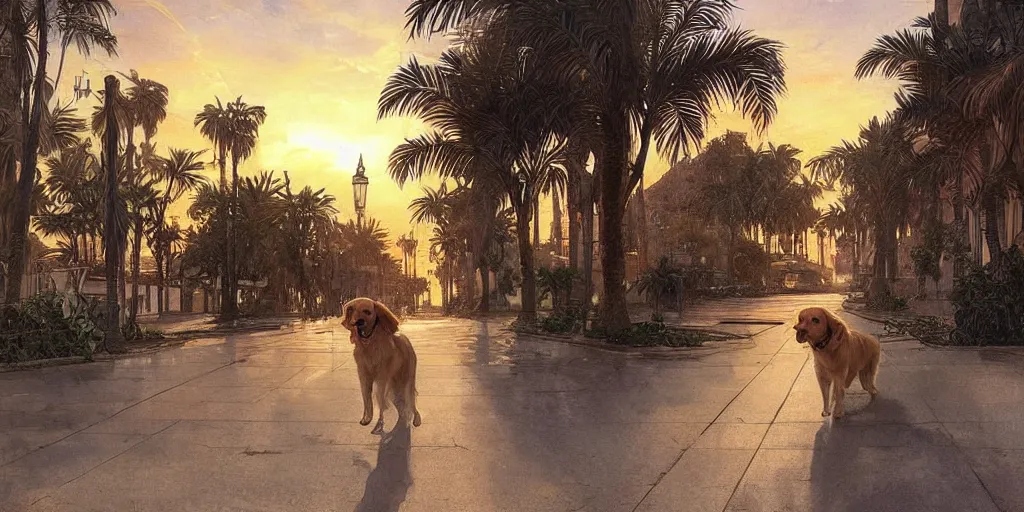 Image similar to golden retriever dog walking in tel aviv street looking at the camera. palm trees. realistic. sunset. high quality. digital art. watercolor. highly detailed. drawing. art. colorful. fluffy art by greg rutkowski and alphonse mucha