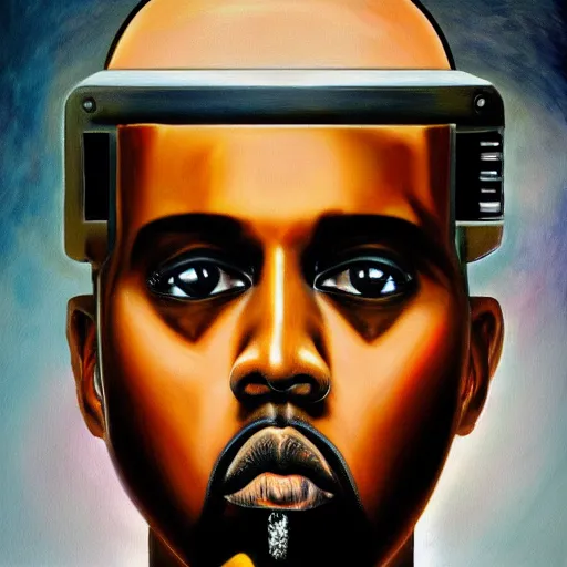 Image similar to a realistic oil painting of a cybernetic kanye west cyborg, surrealism portrait, surrealism album cover