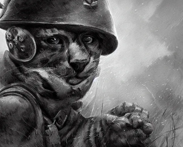 Prompt: A soldier cat in world war one, close-up, black and white, amazing digital art, hyper detailed, artstation, in the style of Tony Sart