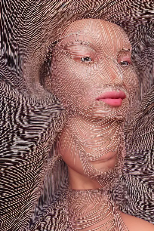 Image similar to generative art of a beautiful young woman made of 100000 thin copper wires. Made by janusz jurek inspired by januszjurek.info. houdini3d, blender. 8k 3d. Dynamic. Movement.