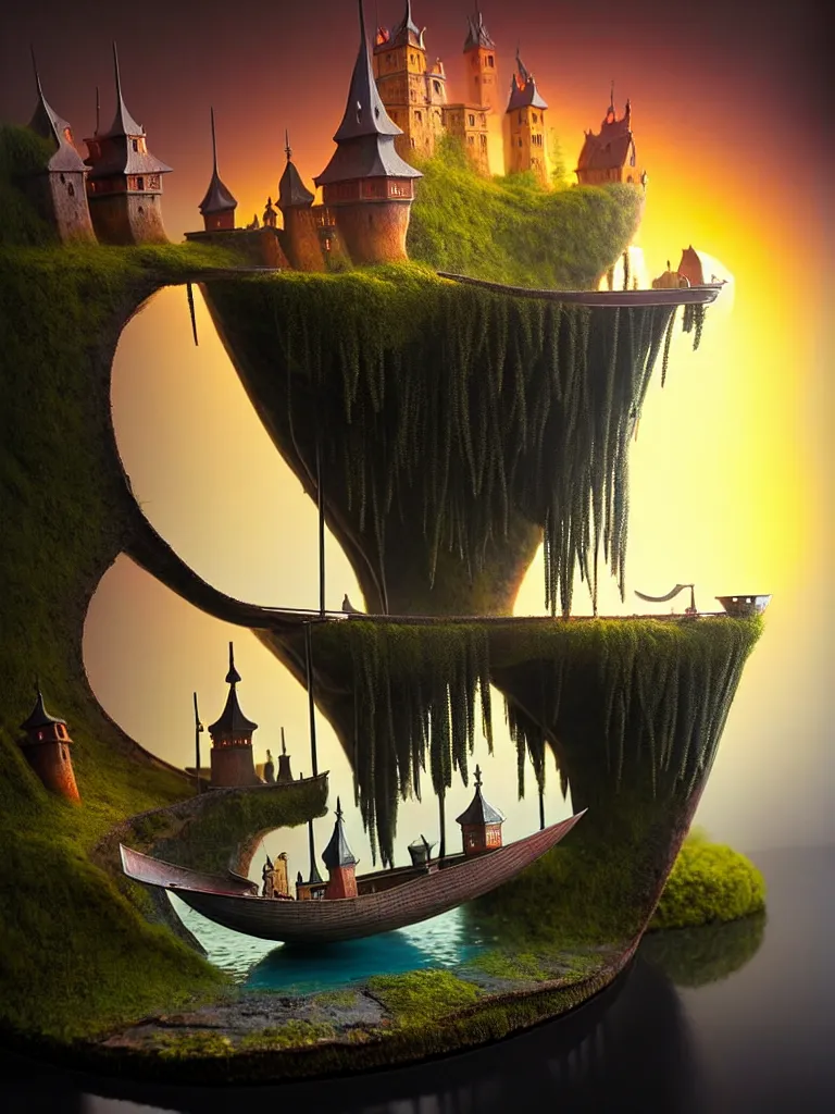 Image similar to extendable anise diorama an immense gigantic ornated iron cup with a lake inside, water in excess droping by, boats, castle, sunset, volumetric light, godrays, gediminas pranckevicius