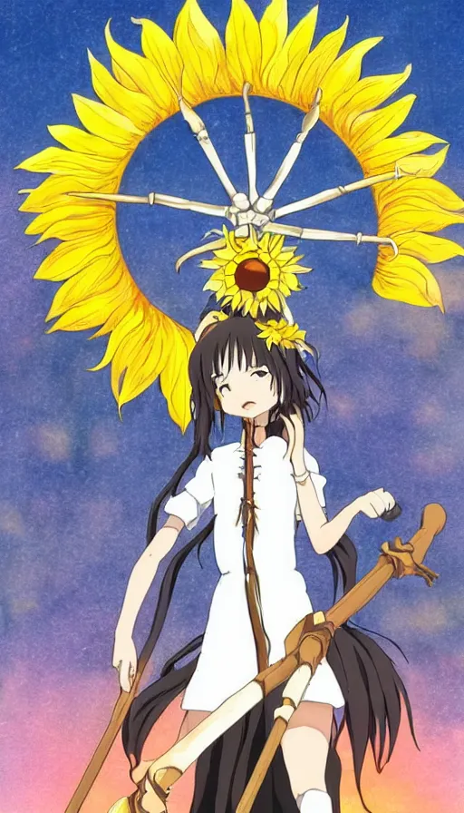 Image similar to the being death as a cute anime girl with a giant sun flower scythe from a studio ghibli film inspired by the death tarot card