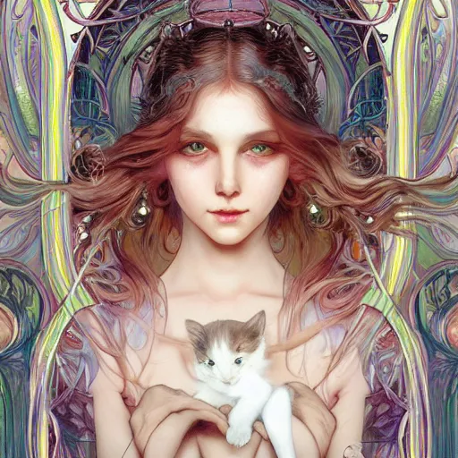 Image similar to a photograpic portrait of a anthropomorphic kitten wearing white clothes, iridescent colors, fantasy, intricate, elegant, highly detailed, digital painting, artstation, concept art, smooth, sharp focus, illustration, art by artgerm and H R Giger and alphonse mucha