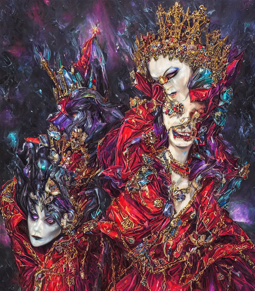 Image similar to empress of the nightmare realm vampire queen jeweled crown, exquisite oil painting, chromatic aberration