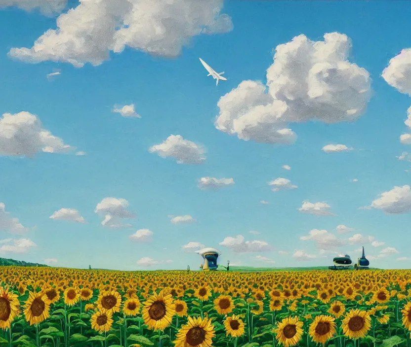 Prompt: a very detailed painting of a sunflower field, baby blue sky with very aesthetic stylized clouds, there is an ad billboard on the field, cows are on the field, an ufo is in the air, the ufo beams up a cow with a green light beam, in the style of edward hopper and hugo pondz, very fine brushstrokes, 4 k,