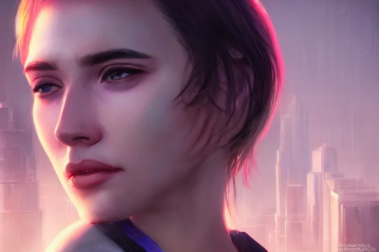 Prompt: hyperrealistic close up portrait of stunningly beautiful girl, lit by dawn light, cyberpunk city on background, trending on artstation