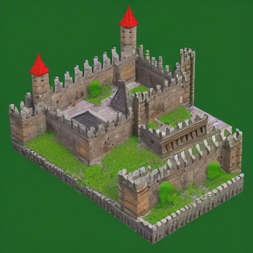 Prompt: medieval castle in a jungle, 3 d, isometric, courtyard, very low poly