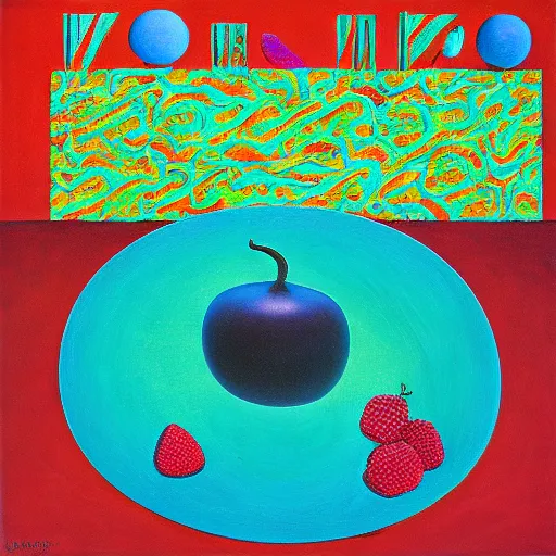 Image similar to by liu ye iron, turquoise swirling. a still life of fruit on a table. the fruit is arranged in a pyramid shape, with the largest pieces of fruit at the bottom & the smallest pieces of fruit at the top. the colors are bright & the experimental art has a lot of texture.