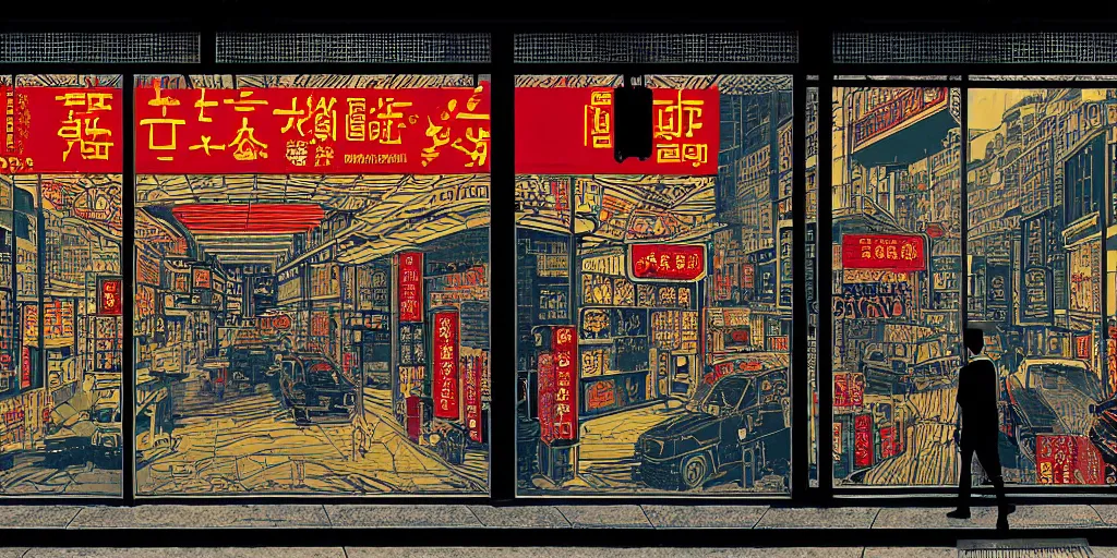 Image similar to a shop window in hong kong, by dan mumford and peter doig and edward hopper, minimal, black in, thick black lines highly detailed, muted colours, overlaid with chinese adverts, 8 k