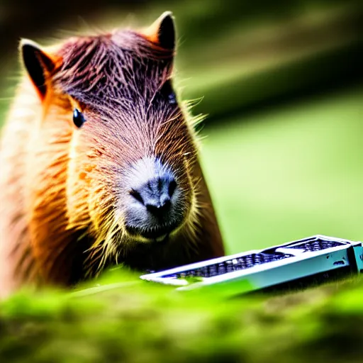 Image similar to cute capybara eating a neon nvidia gpu, chewing on a video card, cooling fans, cyberpunk, wildlife photography, bokeh, sharp focus, 3 5 mm, taken by sony a 7 r, 4 k, award winning