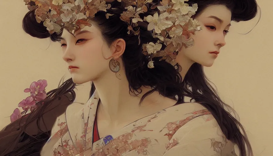 Prompt: a beautiful realistic painting of a beautiful geisha, intricate, elegant, highly detailed, digital painting, artstation, concept art, by krenz cushart and artem demura and alphonse mucha