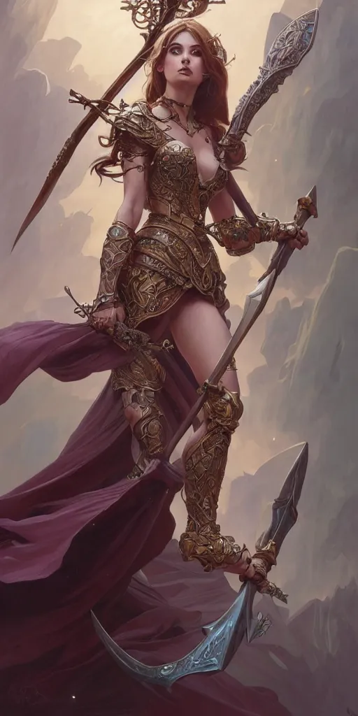 Prompt: frontal full body portrait of a beautiful princess wielding a battle axe, D&D, fantasy, intricate, elegant, highly detailed, digital painting, artstation, character concept art, character design, smooth, sharp focus, illustration, art by artgerm and greg rutkowski and alphonse mucha