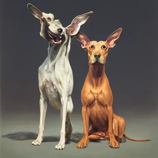 Image similar to a william wegman photograph of two dogs standing on hind legs 4k, hyperrealistic, focused, extreme details, unreal engine 5, cinematic, masterpiece, high resolution, detailed, painting by raqib shaw W- 1080