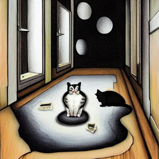 Image similar to a cat in floor inside a dark house, surrealism