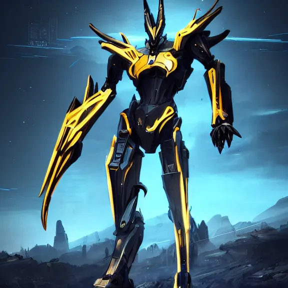 Image similar to cinematic shot, 35 foot tall detailed beautiful handsome quadrupedal feral robot mecha dragon, sharp edged black armor, gold accents, sleek blue OLED visor for eyes, four legs, walking in busy neon city streets, sharp paws, epic shot, highly detailed art, sci fi, furry, 3D realistic, warframe fanart, destiny fanart, furry art, dragon art, feral art, macro art, furaffinity, DeviantArt, sofurry