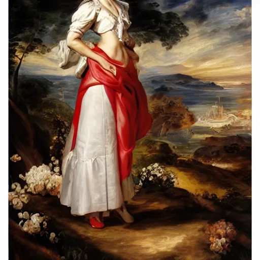 Image similar to heavenly summer sharp land sphere scallop well dressed lady standing next to a honda civic, auslese, by peter paul rubens and eugene delacroix and karol bak, hyperrealism, digital illustration, fauvist, standing next to a honda civic