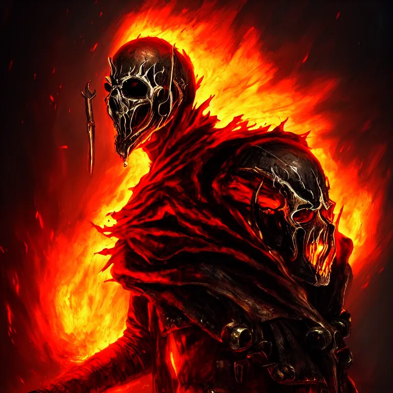 Image similar to Ghost Rider, flaming grim reaper, demons of hell, the pits of hell, headshot photo, character concept, dark souls concept art, Feng Zhu concept art, dramatic lighting, highly stylized, trending on artstation, high-quality wallpaper, desktopography