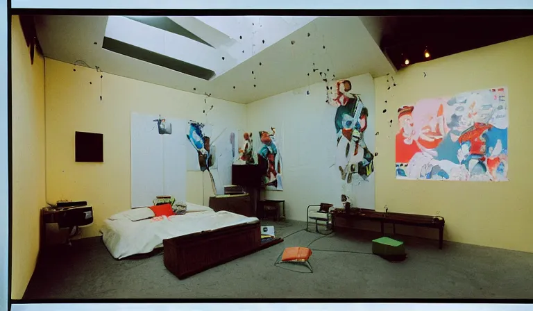 Image similar to A bedroom designed by Nam June Paik, 35mm film, long shot