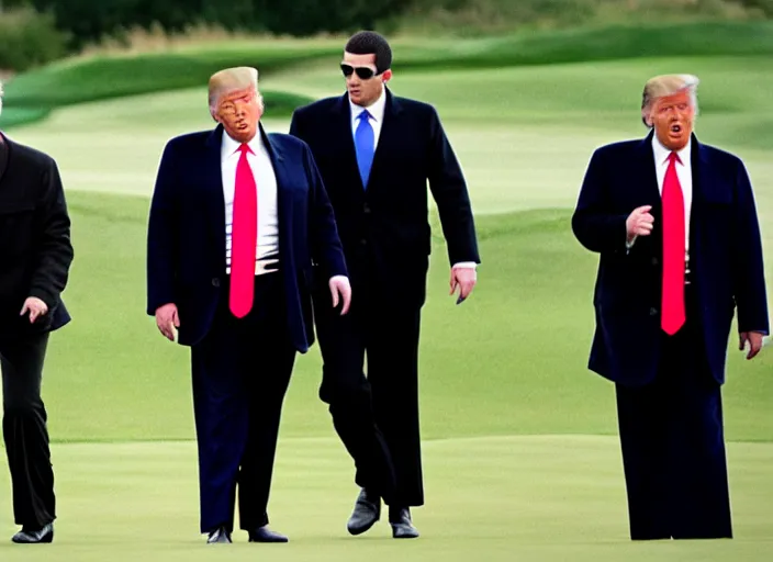 Image similar to criminal Donald Trump taken away by two young FBI agents at golf course, photo by Alex Webb