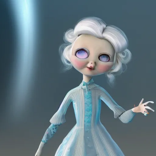 Image similar to a 3d rendered animated movie poster about eerily beautiful old cracked porcelain fashion dolls with white hair and light blue eyes, rendered in renderman, dramatic lighting, fine details, horror, by pixar