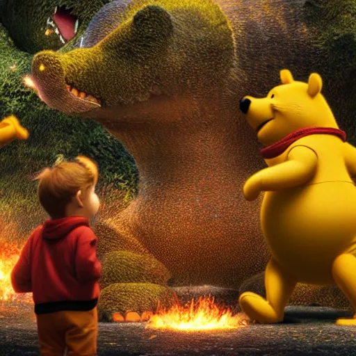 Image similar to winnie the pooh in the movie godzilla, cinematic, volumetric lighting, realistic, hyperdetailed, photorealistic, photograph