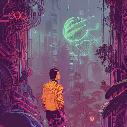 Image similar to Stunningly intricate illustration of single cyberpunk explorer overlooking lush forest, highly detailed, midnight, small glowing orbs by Victo Ngai and James Gilleard , Moebius, Laurie Greasley