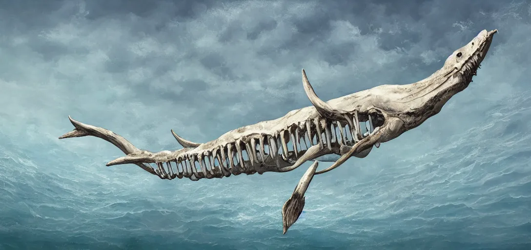 Image similar to a bleached bone skeleton of a narwhal that is leaping out of the ocean in the style of Keith Thompson and Christopher Bretz, highly detailed, digital painting, HDRI, vivid colors, high contrast, 8k resolution, intricate, photorealistic, smooth