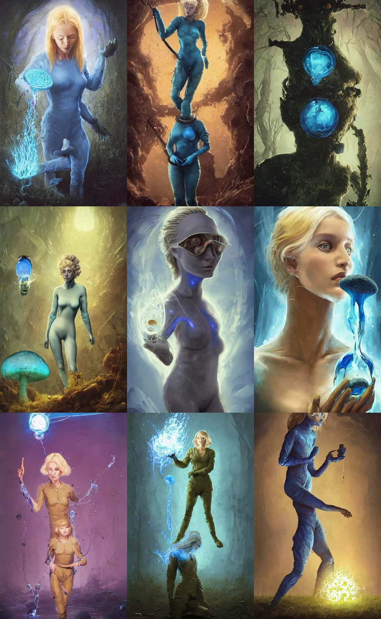 Prompt: A mixed media portrait painting of a beautiful blonde biologist woman, biohazard suit, examining a giant blue glowing mushroom in a mire, detailed Aesthetic! face and eyes, slavic, by Beeple, Frank Frazetta, Greg Rutkowski, Christian MacNevin, Boris Vallejo, epic fantasy character art, high fantasy, CGsociety, exquisite detail, post-processing, masterpiece, cinematic