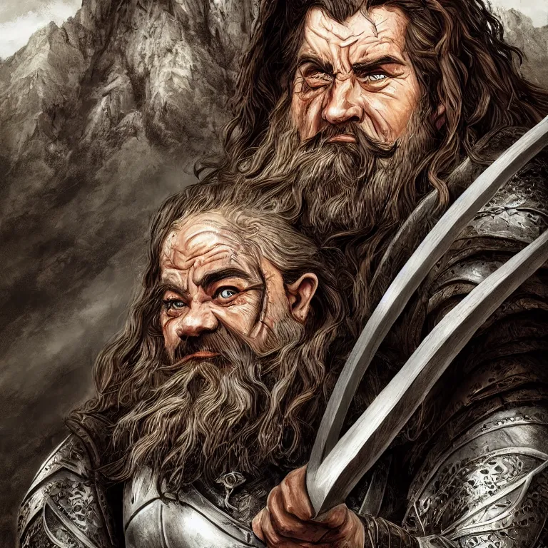 Image similar to handsome dwarf warrior in mountains, lord of the rings style, poster, character portrait, portrait, close up, concept art, intricate details, highly detailed, full body, 8 k