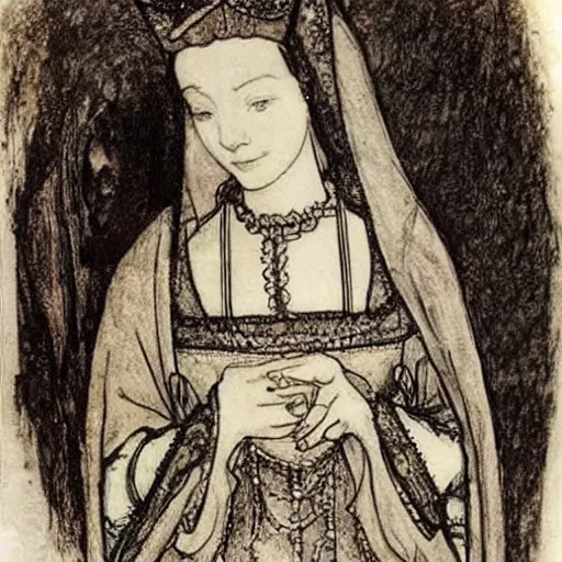 Prompt: Anne Boleyn growing bird wings and a beak, she is sad, style of Arthur Rackham