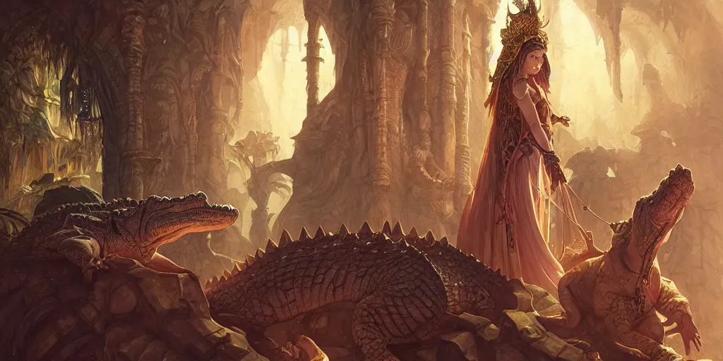 Image similar to crocodile lair priestess ceremony, deep focus, d & d, fantasy, intricate, elegant, highly detailed, digital painting, artstation, concept art, matte, sharp focus, illustration, hearthstone, art by artgerm and greg rutkowski and alphonse mucha