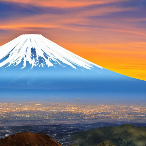 Prompt: mount fuji erupting blue lava, photo from distance, photorealistic