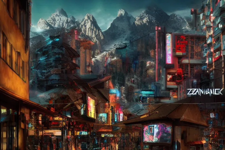 Image similar to postmodern zakopane, still from a movie, cyberpunk trailer, photo art, artgerm, trending on artstation