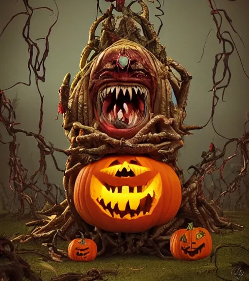 Image similar to a tim burton design of a horrifying king creature made of pumpkin, wearing a robe, giant and fat, laughing, limbs made from vines, sitting on a stone throne, detailed game art illustration, menacing carved facial expression, creepy lighting, dynamic pose, 4 k artstation, masterpiece