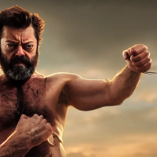 Prompt: logan wolverine with 3 claws released from his wrist as nick offerman, photorealistic mervel movie still, detailed, 8 k, digital art