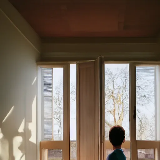 Image similar to person in pyjamas standing near window, sun rays, daylight, big french door window, big spatious room, 2 4 mm, wooden floor, modern, pastel palette, winter sun, photorealistic, high ceiling, watercolor painting