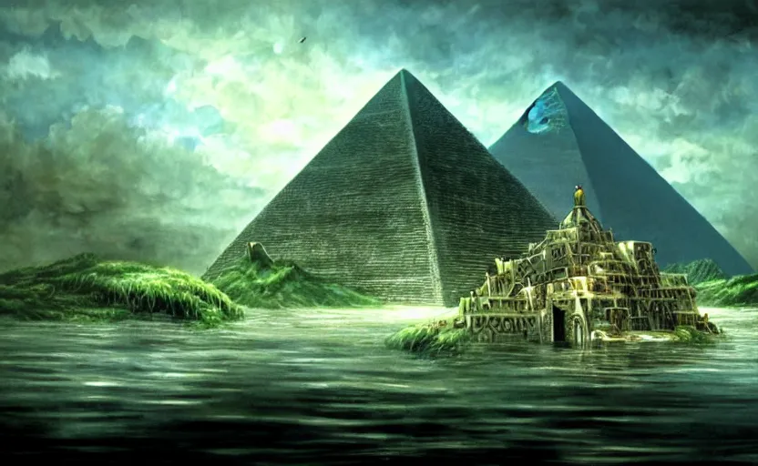 Image similar to a realistic and atmospheric cell - shaded concept art from howl's moving castle ( 2 0 0 4 ) of a futurist sci - fi city and an egyptian pyramid complex in a flooded rainforest. very dull muted colors, hd, 4 k, hq