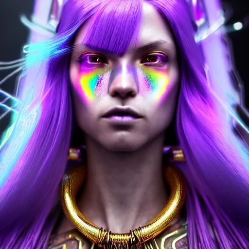 Image similar to hyperdetailed close portrait of a stunningly beautiful cyberpunk girl androgynous wizard guard made of iridescent metals and shiny purple gems, bright rainbow nimbus, transparent necklace, gold background inspired by ross tran and masamune shirow and kuvshinov, concept art, intricate, photorealistic, octane render, rtx, hdr, unreal engine, dnd digital art by artgerm