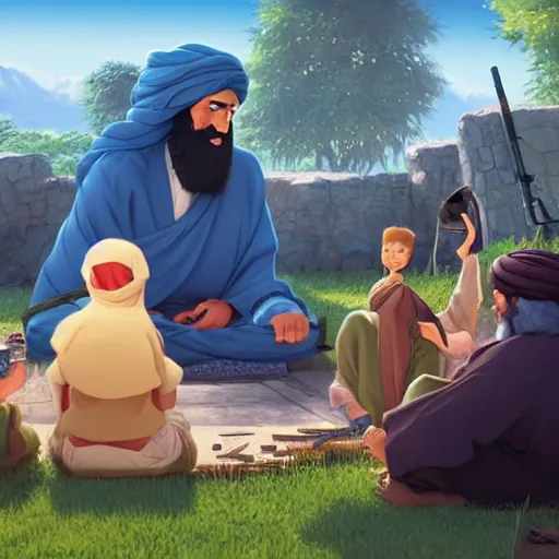 Prompt: a wholesome animation key shot of osama bin laden sitting with taliban elders, medium shot, waist up, studio ghibli, pixar and disney animation, sharp, rendered in unreal engine 5, anime key art by greg rutkowski, bloom, dramatic lighting