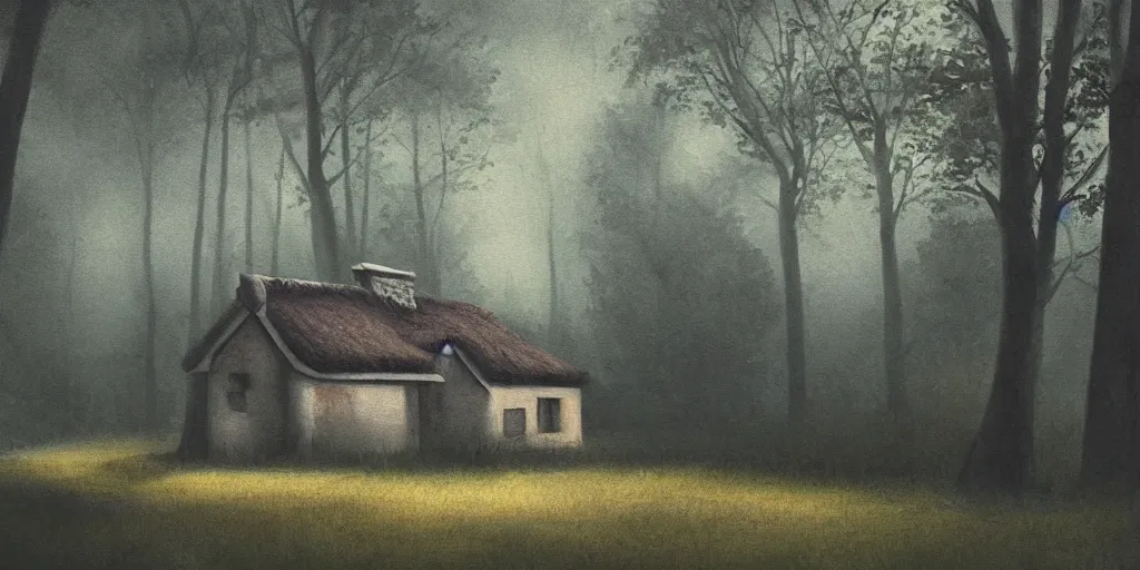 Image similar to a painting of a close up of a single cottage with a thached roof in the woods and empty woods, 8k, fantasy, hyper realistic, atmospheric lighting, cinematic