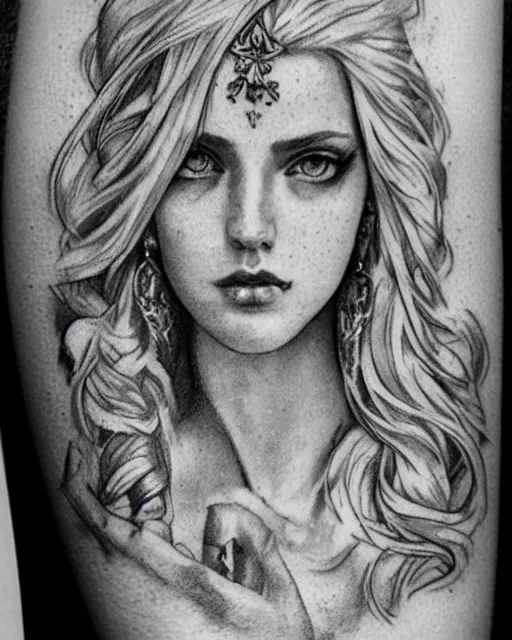 Image similar to tattoo sketch of beautiful greek goddess aphrodite with arrowhead earrings, beautiful piercing eyes, flowing blonde hair, realistic face, hyper realistic, in the style of greg rutkowski, fantasy, amazing detail, epic, intricate, elegant, smooth, sharp focus