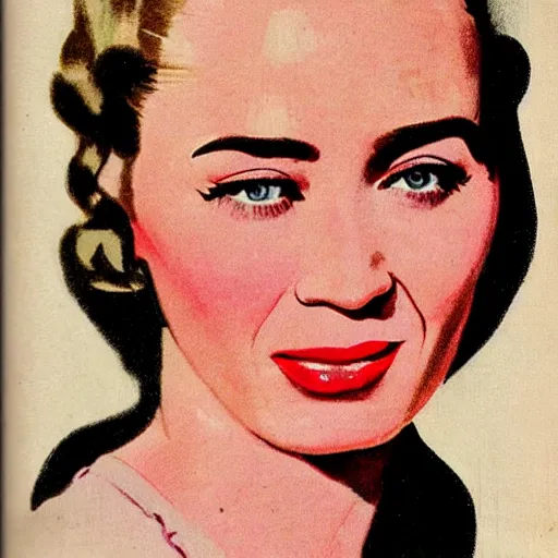 Prompt: “Emily Blunt portrait, color vintage magazine illustration 1950”