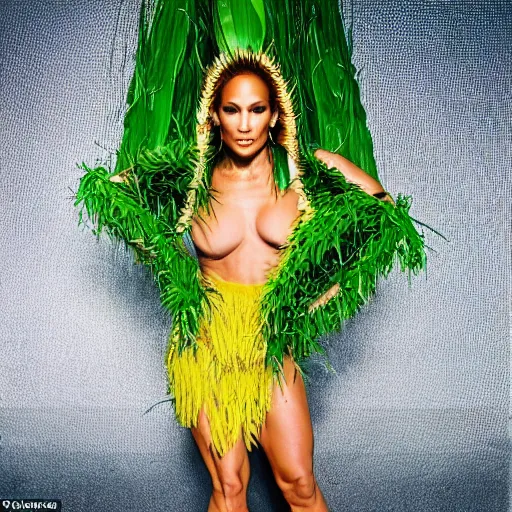 Image similar to full body photo of jennifer lopez, she is wearing the funniest fashion cry costume of corn on a cob, studio lighting, corn on a cob everywhere