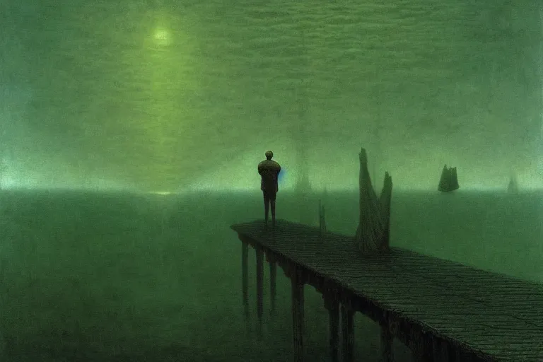 Prompt: man standing on the pier against flyflies and big trees, in the style of beksinski, solarpunk, atmospheric, clean, intricate and epic composition, green by caravaggio, insanely quality, highly detailed, masterpiece, blue light, artstation, 4 k