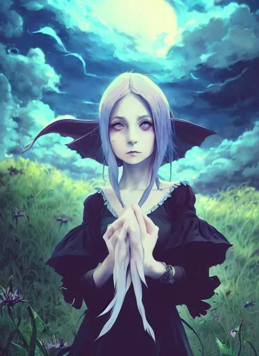 Image similar to portrait of gothic alice from wonderland, cloudy sky background lush landscape illustration concept art anime key visual trending pixiv fanbox by wlop and greg rutkowski and makoto shinkai and studio ghibli
