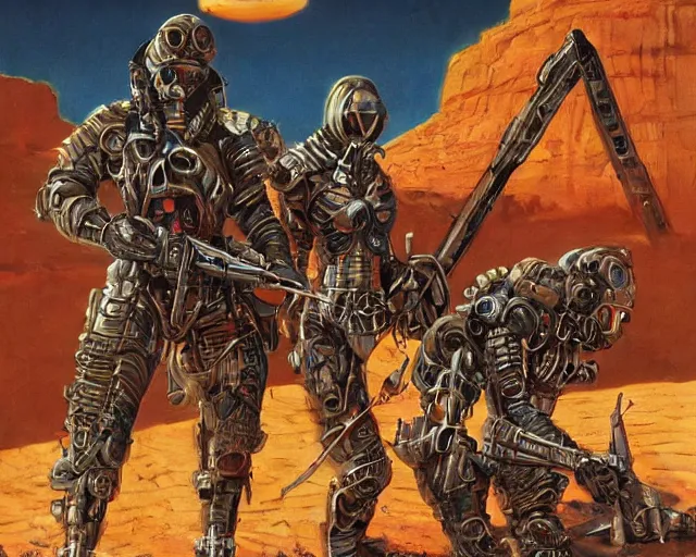 Image similar to cybernetic evil warzone bladed weapons razor projectiles humanoids goin stupid, desert scene