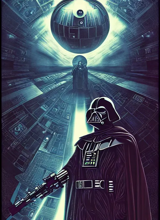 Image similar to platonic ideal luke skywalker, nazgul mandelbulb, deathstar, millenium falcon, detailed, darth vader, action pose, intricate, volumetric lighting, moebius, dan mumford, alphonse mucha, poster,