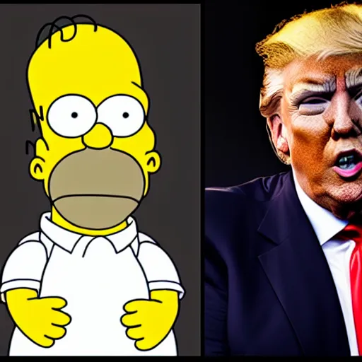 Image similar to Donald Trump in Homer Simpson’s body, hyper realistic photography, 8k,